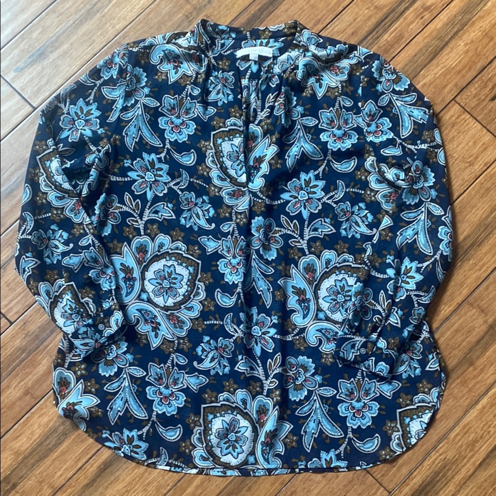 LOFT Navy Floral Paisley Blouse with Light Blue Accents